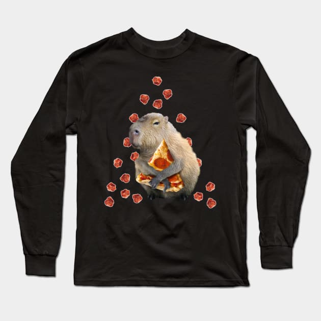 Capybara Capybaras Eating Pizza, Funny Cute Long Sleeve T-Shirt by Random Galaxy